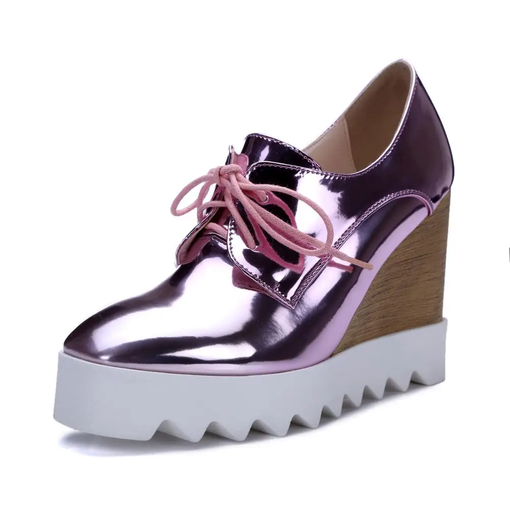 Fashionable Bright Glossy Lace-Up Anti-Slip Wedges for Ladies Single Shoes