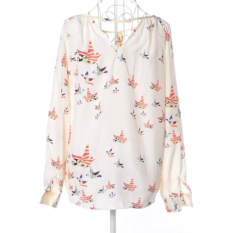 bird print top blouse long sleeve V-Neck top women blusas sexy blouse ladies tops woman tshirts blusa feminina