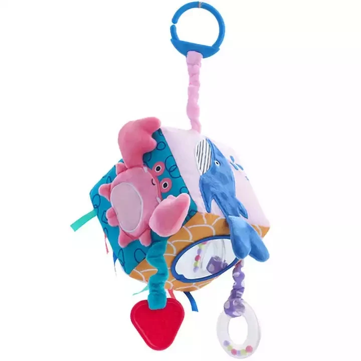 Factory Customized Marine Sensory 6-Side Square Ball Baby Plush Gutta-Percha Rattle Bed Bell Pendant Toy