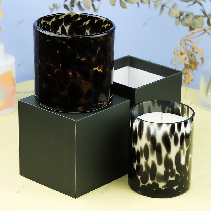 2024 New Arrivals  6oz/9oz/14oz Wholesale Empty Customize  Leopard Printed Candle Jars Luxury Black Candle Glass Jar & Holder