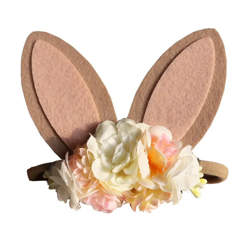 Felt rabbit ear photography nylon baby headband bunny ear flower Hairband kids hair tie
