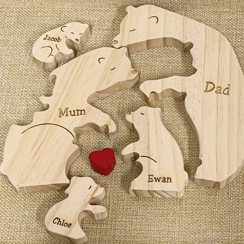 Wooden Bear Family Puzzle Engraved Family Name Puzzle Animal Family Keepsake Gift for Parents Home Decor Gift for Kids