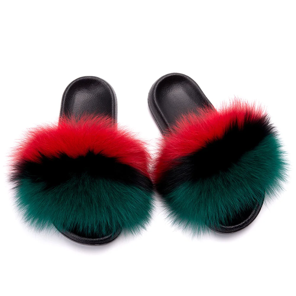 
fashion style beautiful fur sandals soft sole cheap wholesale fur sandals/fluffy fox fur slides/slippers 