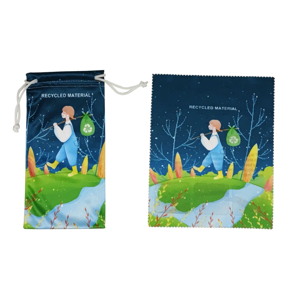 RPET Microfiber Lens Cloths Glasses Packaging Bag Custom Print Drawstring Black Rpet Sunglasses Pouch