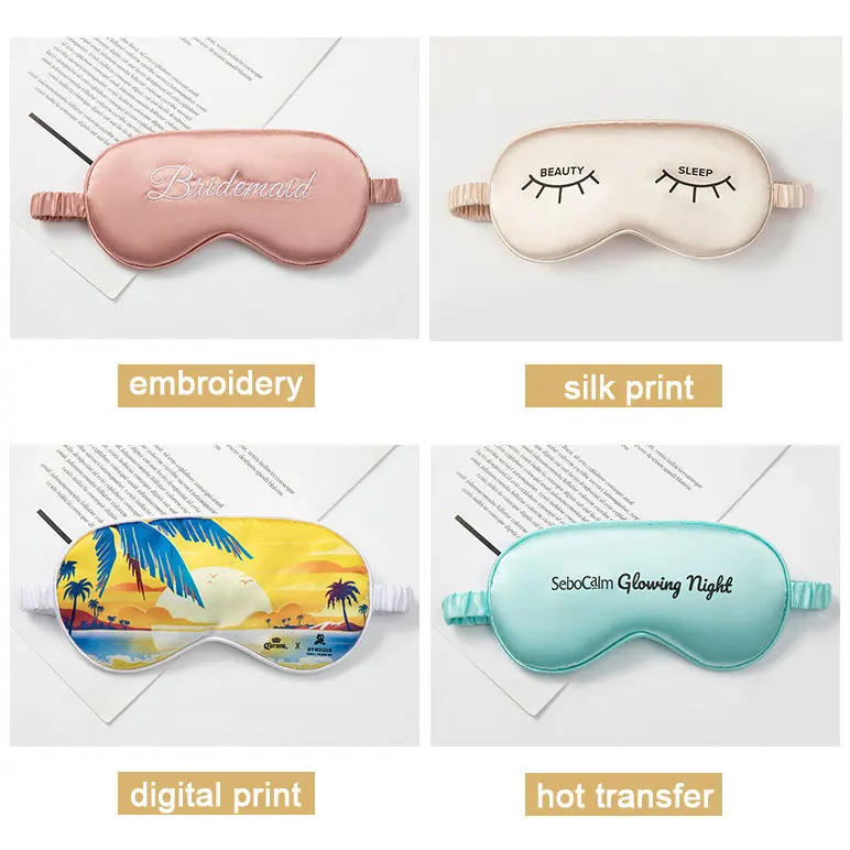 Custom Logo Design Embroidery Digital Print Double-Side Satin Silk EyeShade Plain Sleeping Eye Mask Cover with Elastic Band