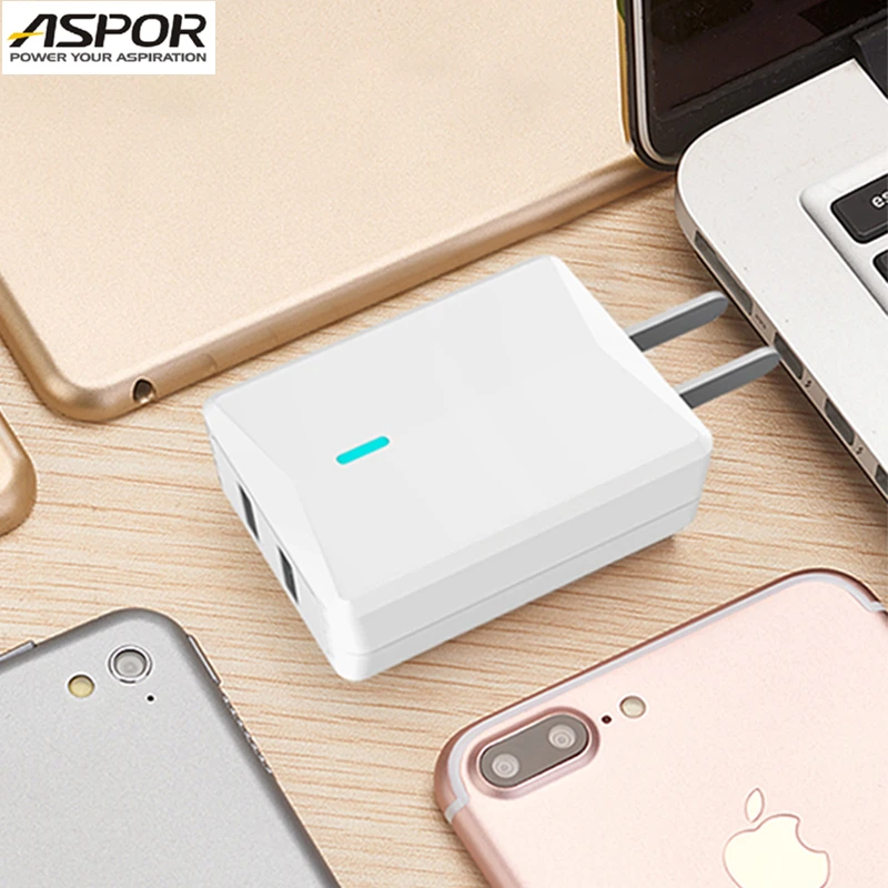 ASPOR 2.1A Phone Charger IQ Home Charger Led Blue Light 2 Usb Ports US Plug Flat Pin Charger
