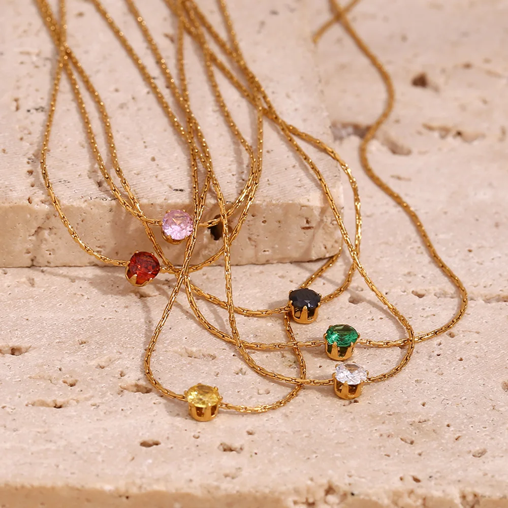 Chic Minimalist Thin Chains Birthstone Zircon Choker Necklace S.Steel Gold Plating Simulated April Diamond Necklace