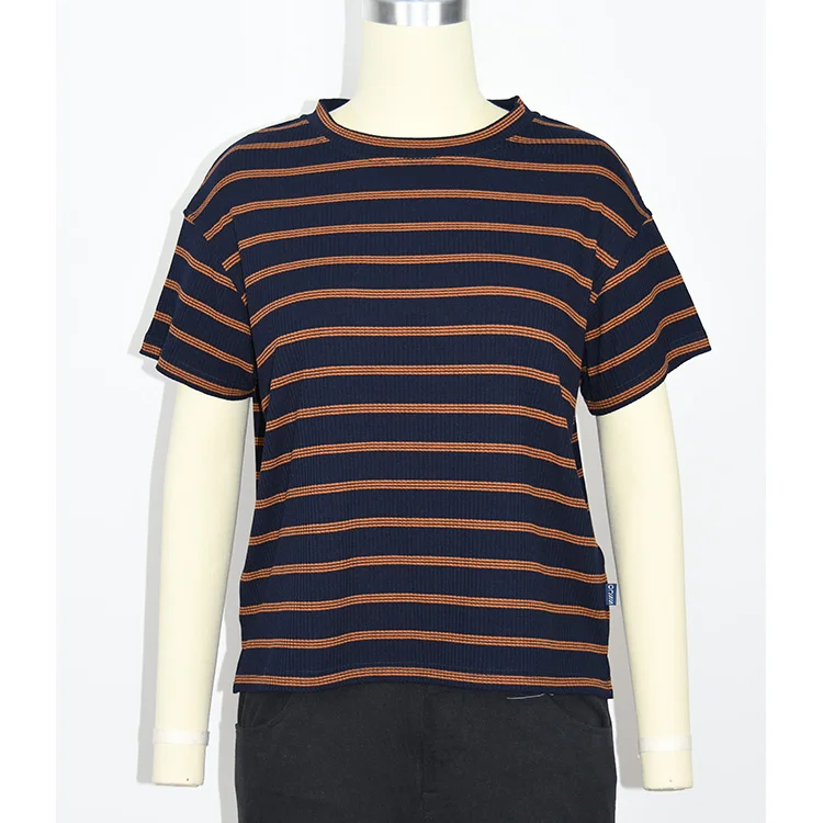 WOMENS VISCOSE YARN DYED STRIPE  RIB LOOSE FIT T-SHIRT, OEM, ODM