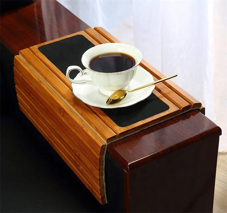 Natural Bamboo Flexible Sofa Arm Tray Table with Non-Slip Felt and Slat Links Armchair Armrest Tray for Eating Snack Dri