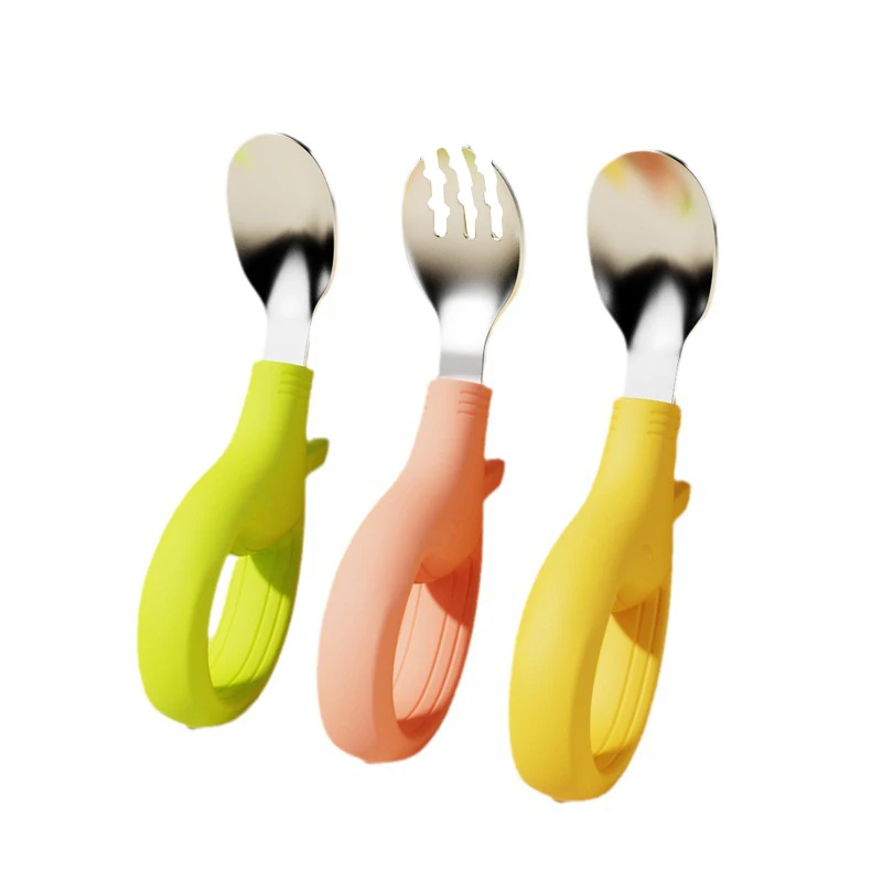 2024 Leafree Newest Design Nature Silicone Metal Handle Spoon Fork Set Weaning Baby Cutlery Feeding Tableware for Baby Kids