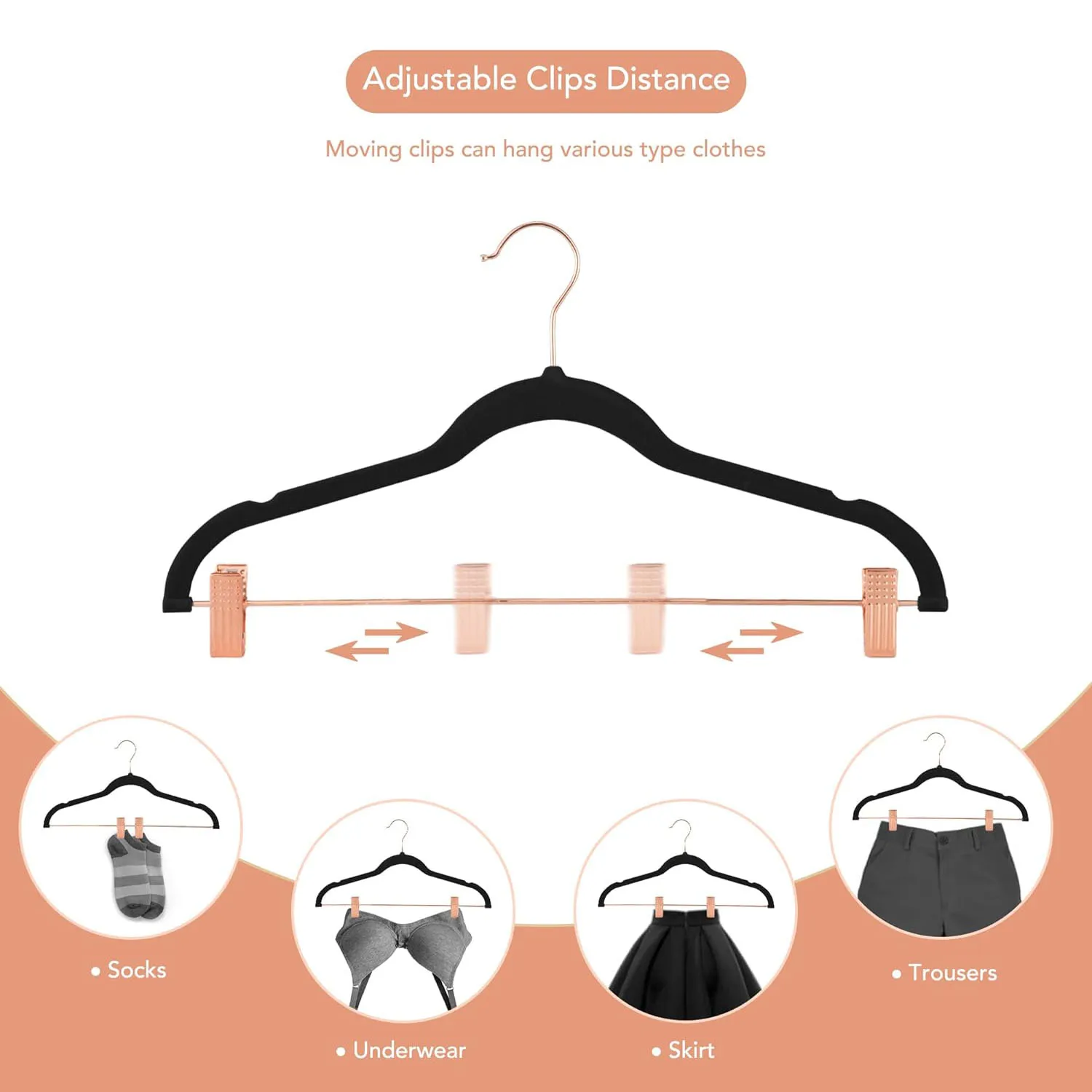 ANQI Top Quality hanger pants Rose gold clip Velvet Flocked hanger Space saving for Skirt Pants Trouser