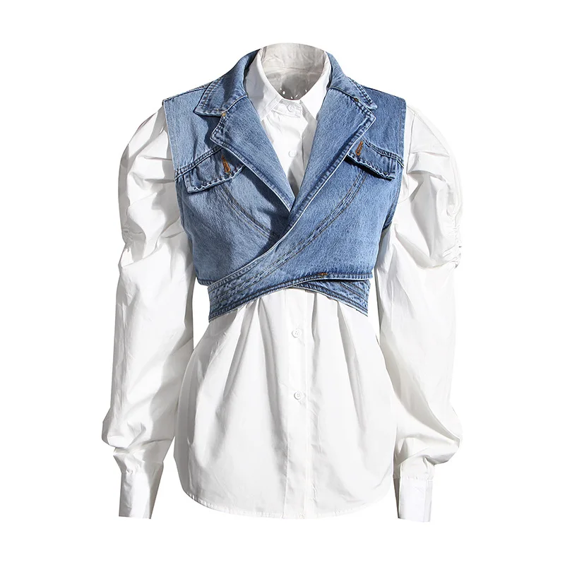 
Ladies 2-piece Suit Short Irregular Denim Vest Shirt Loose Tops Long Puff Sleeve Shirts For Women Blouses 