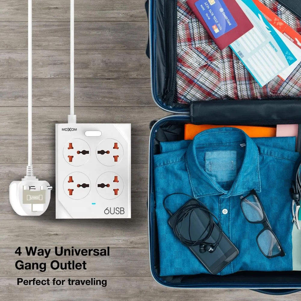 General Purpose Application 6 USB Ports 4 Way Extension Cord Socket With Switch 10A Power Strip With Fuse