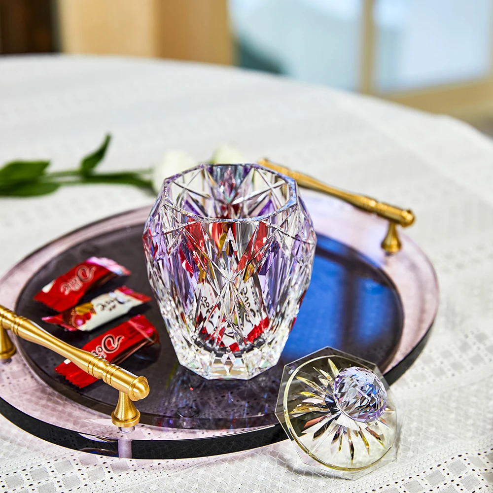 Quality Assurance Purple Luxury Crystal Jewelry Box Custom Hand Carving Crystal Glass Candy Jar With Gift Box