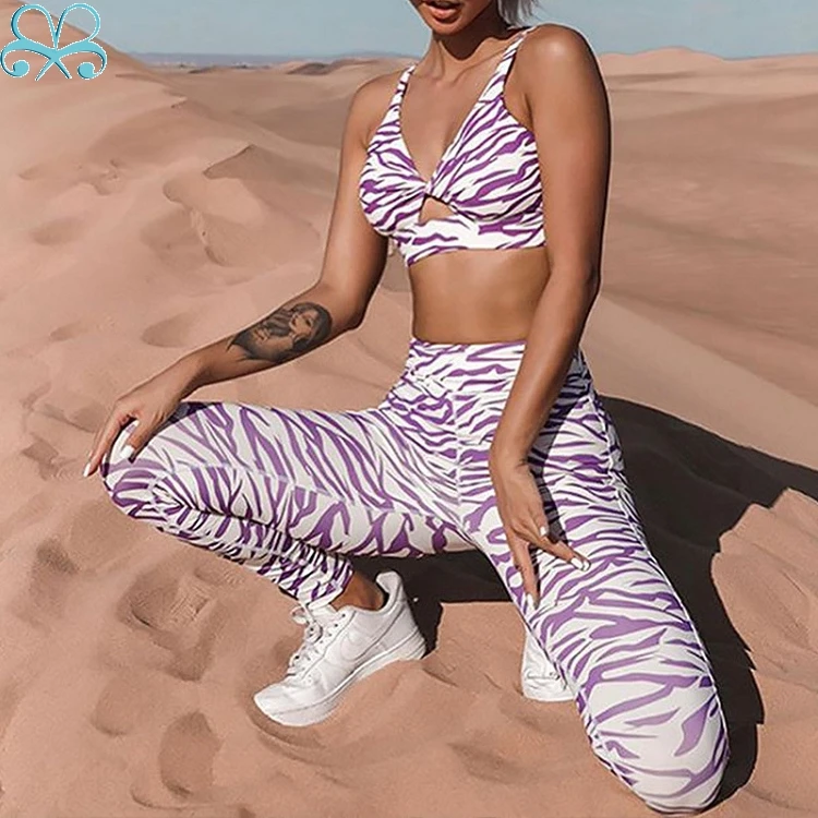 European/American style stripe digital print yoga fitness suit sports tight two-piece set for women