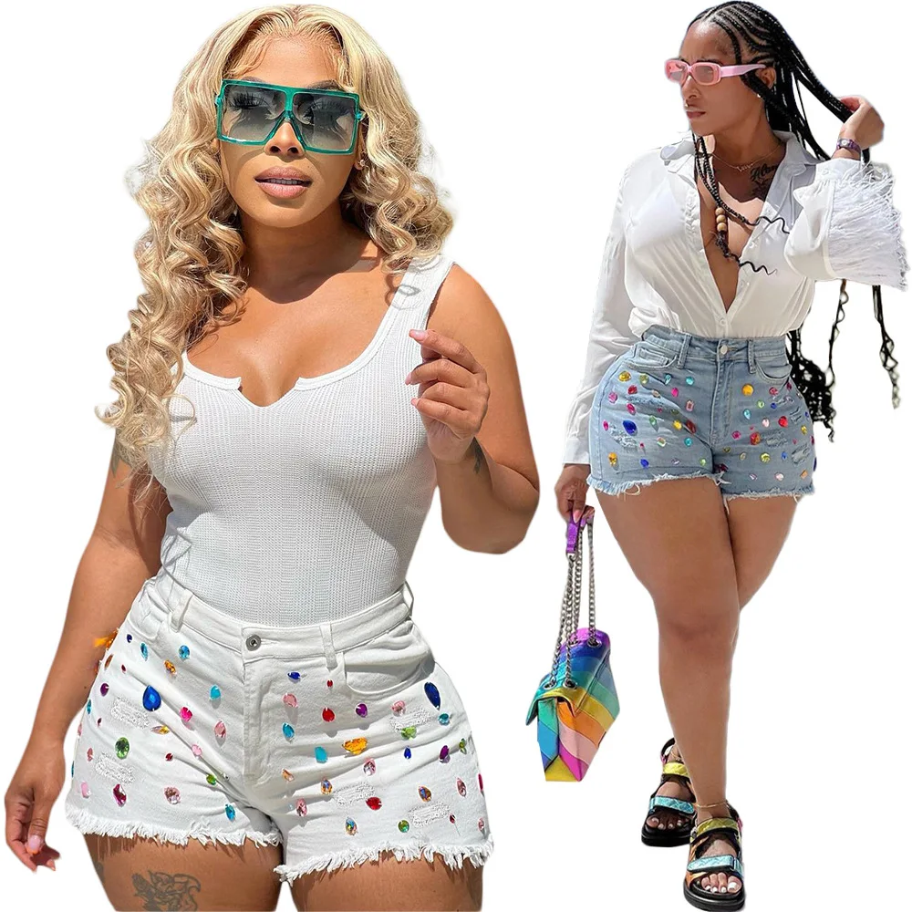 2023 Sexy Summer Clothes New Fashion Plus Size Colorful Crystal Denim Booty Shorts  Women Diamond Tassel Ripped Jeans Shorts