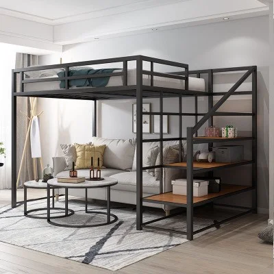 New Design Double Queen Size Heavy Duty Steel Metal Home Hotel Hostel Use Bed Adult With Wood Stair Bunk Bed