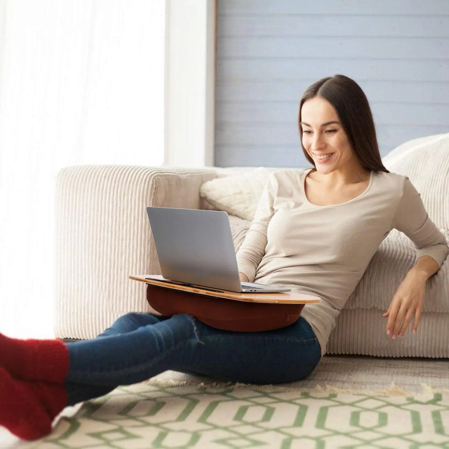 Minjoo Home Laptop Table With Pillow Bamboo Lap Desk with Baffle Phone Stand