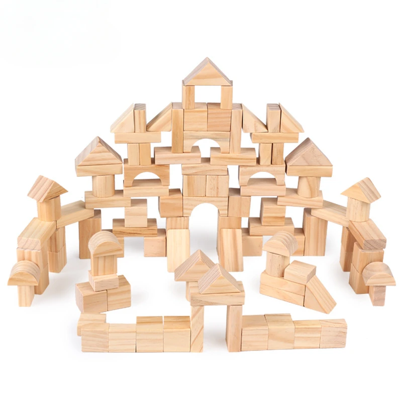 Wholesale Wooden Building Blocks 100pcs Gift Set Eco-Friendly Unpainted Pine Montessori Educational Toy for Kids Dropshipping