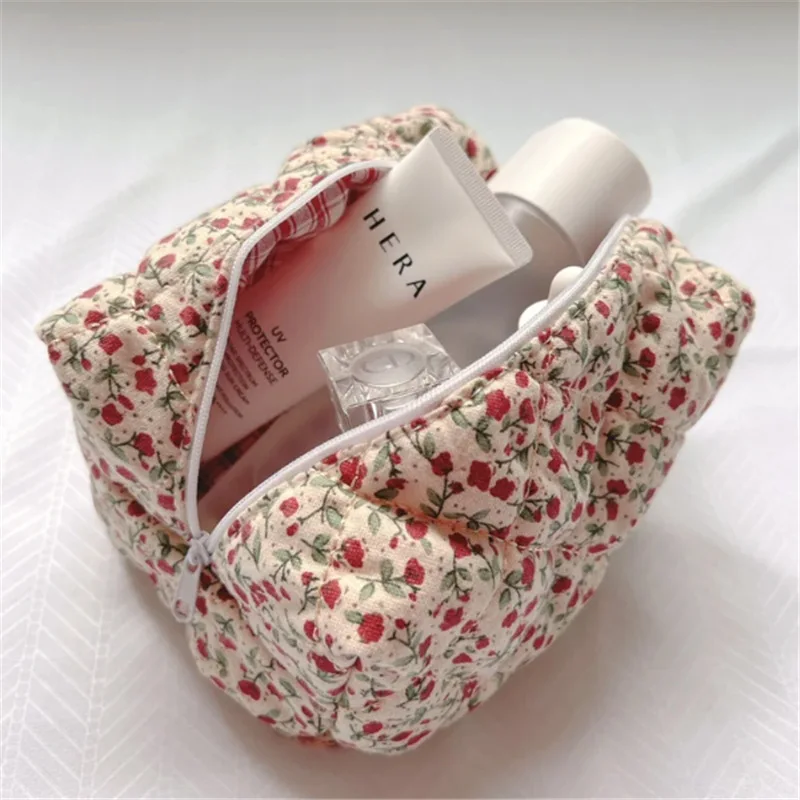 RTS Floral Terry Cloth Towel Cosmetic Bag Women Makeup Brush Bag Cherry Travel Storage Bag