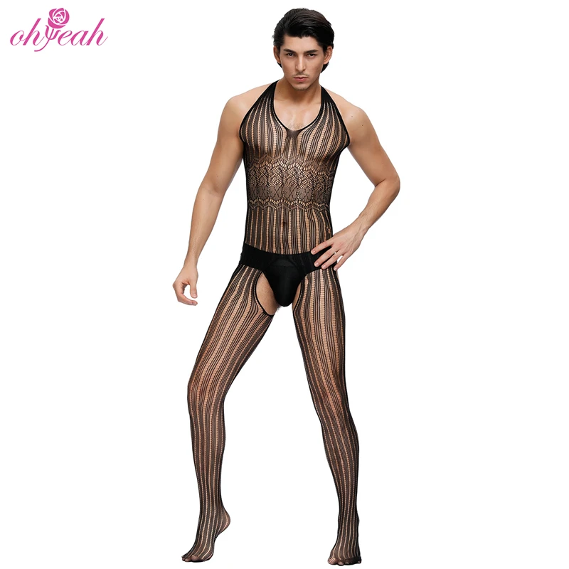 
Hot sale fishnet stripe backless open crotch men nylon bodystocking 