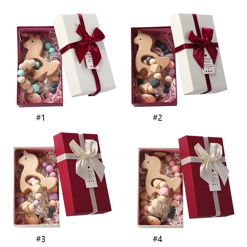 MU 2Pcs/Set Unicorn Design Baby Rattle Crochet Wooden Silicone Beads Teether Baby Teething Ring Toys Gift Box