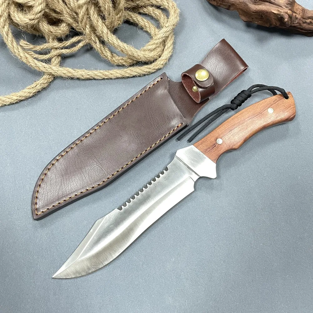 TLYML02 Sanding Bowie Serrated 440 Fixed Blade Hunting Knife With Leather Case Full Tang Survival Tactical Jungle Knives