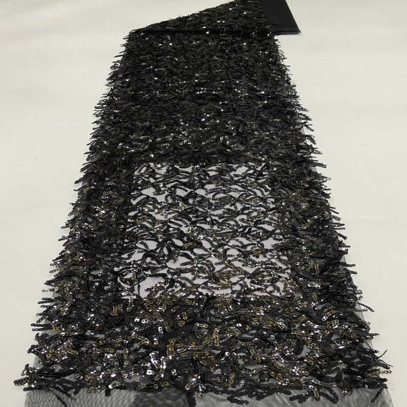 Hot Sale French Net Lace Water Soluble Black Sequin Dance Leotard Tulle Embroidery Fringe Sequin Fabric