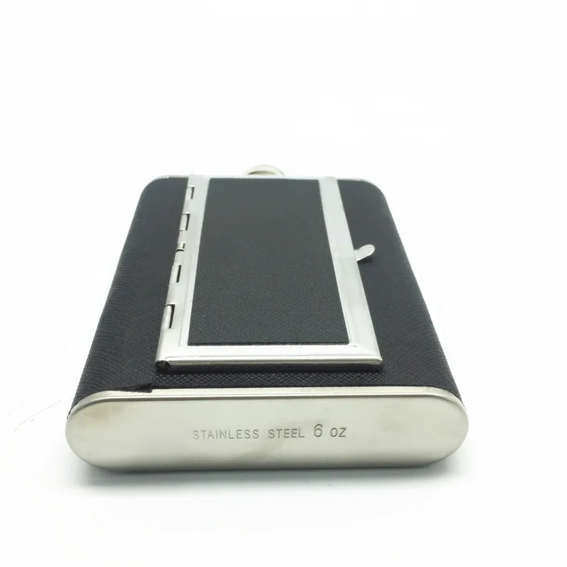 6oz black leather wrapped hip flask with bulid-in cigarette case Whiskey Flask