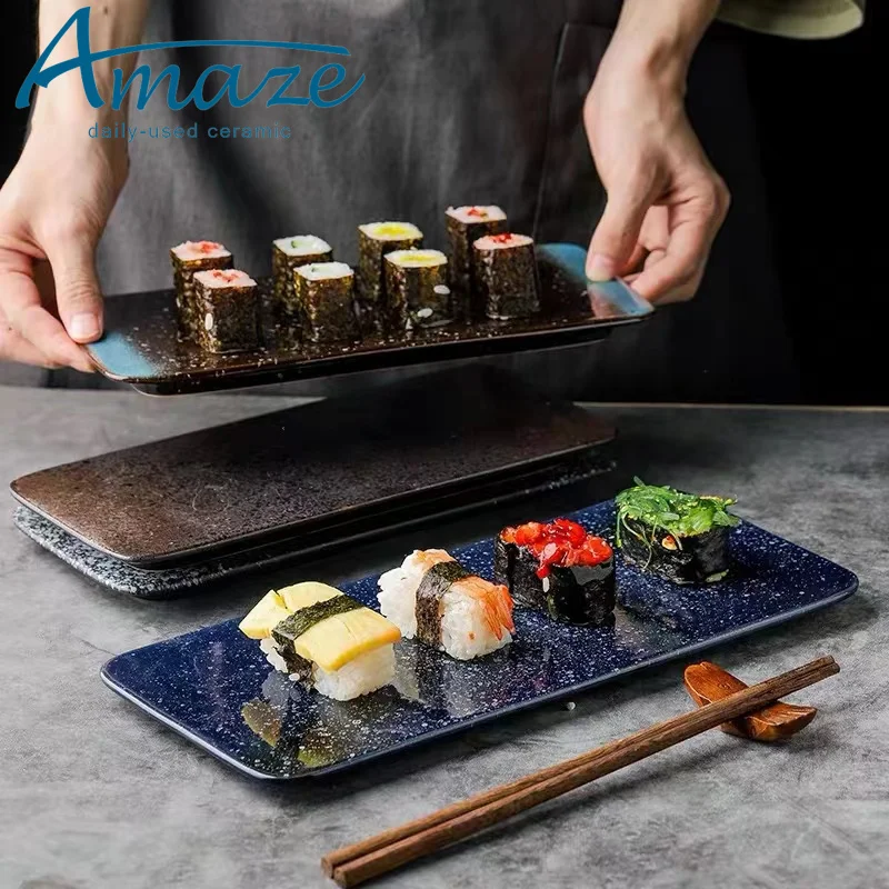 Japanese style rectangle dessert sushi serving ceramic restaurant black tray plates for sale