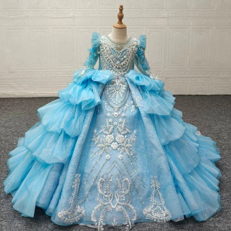 QUEENSGOWN fancy shining flower girls ruffles soft tulle heavy beaded party dress  Little Girls Birthday Gowns light blue Dress