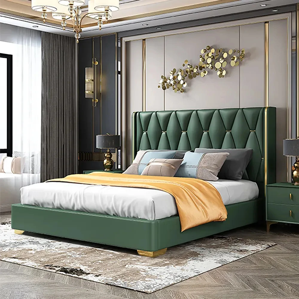 KEHUI Leather Beds Luxury Modern Design Bed Frame Futon King Size Pink Power Post Sewing Platform Genuine Leather Beds