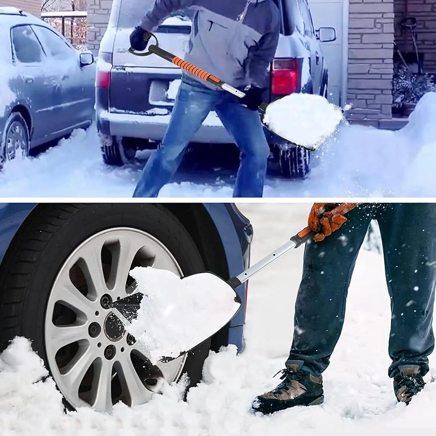 42'Cars Ice Scraper and Extendable Snow Brush Emergency Snow Shovel Snow Broom with Foam Grip 180° Pivoting Brush