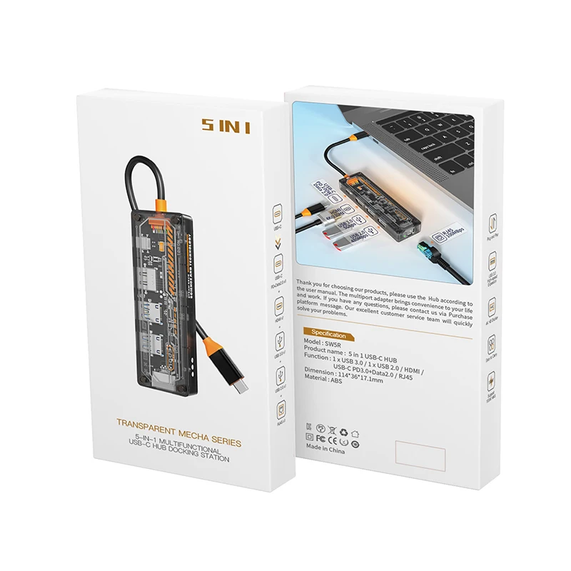 Usb c концентратор 5 в 1 Type-C на USB3.0 + USB2.0 HD-MI USB-C PD3.0 Data2.0 RJ45 для