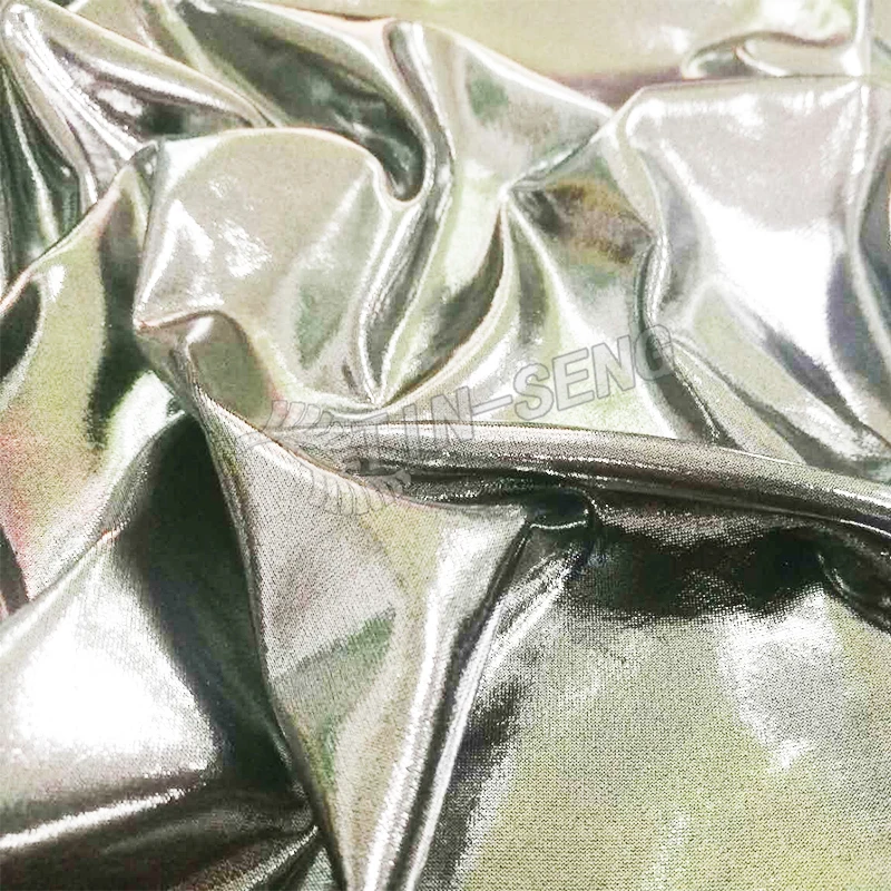 Black Silver Metallic Foil Fabric , Stretch Poly Span Foil Fabric