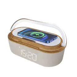 Dock Station 15W Fast Wooden Wireless Charger 4 in 1 clock Time Display touch Lamp Speaker