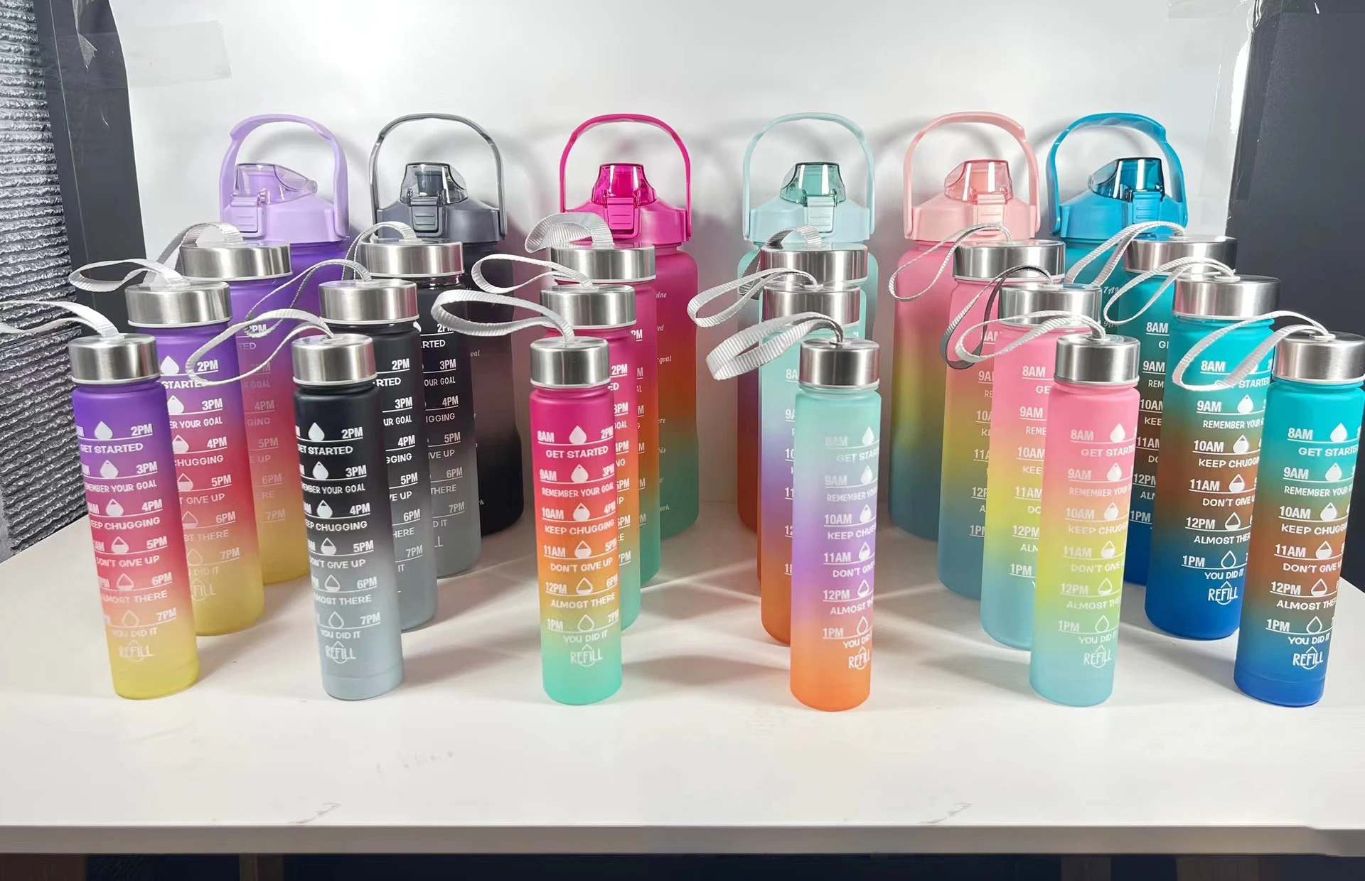 4 Pcs In 1 Set Drinking Plastic Sport With Straw And Stickers Gym Fitness Motivational Water Bottles