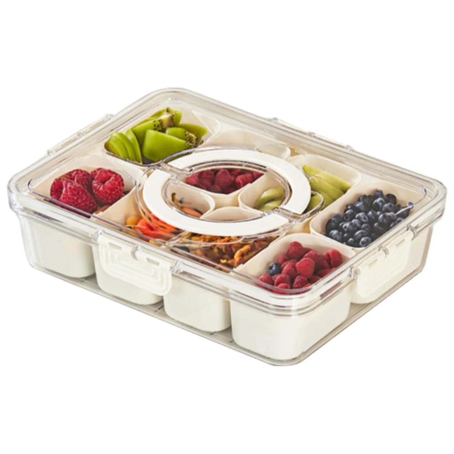 Portable 8 Compartment Divided Snack Salad Tray Clear PET Material with Lid Handles Snack Sauce Spice Boxes Sealed for Food Use