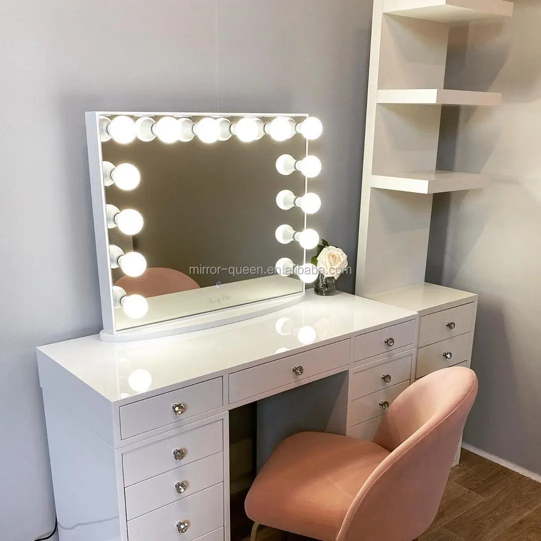 
Hot Sell Excellent Quality MDF Glossy Painting Lighted Makeup Vanity Table Bedroom Dresser With Led Lighted Makeup Mirror 