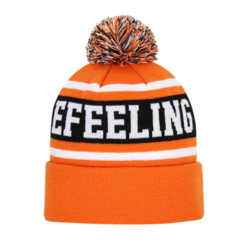 Bobble Hat Orange Black Custom Embroidered Logo Warm Wool Outdoor Skiing Beanie With Pom