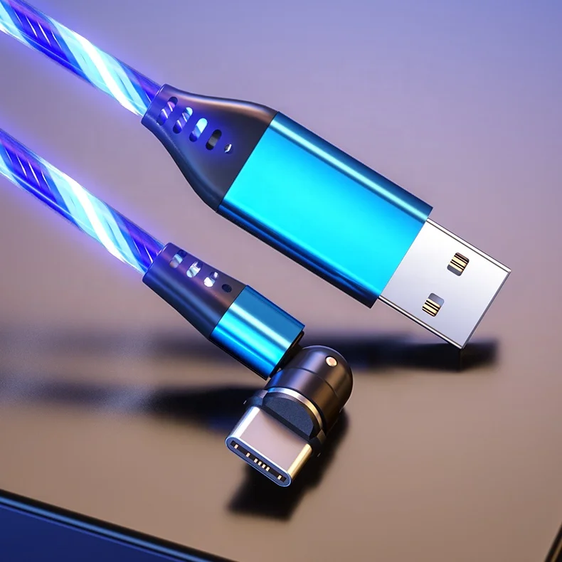 540 градусов вращение кабель USB Type-C с функцией быстрой Универсальный USB чехол для телефона с магнитным зарядным устройством, зарядныйusb-кабель со светящимися вставками струящийся Свет Micro USB кабель