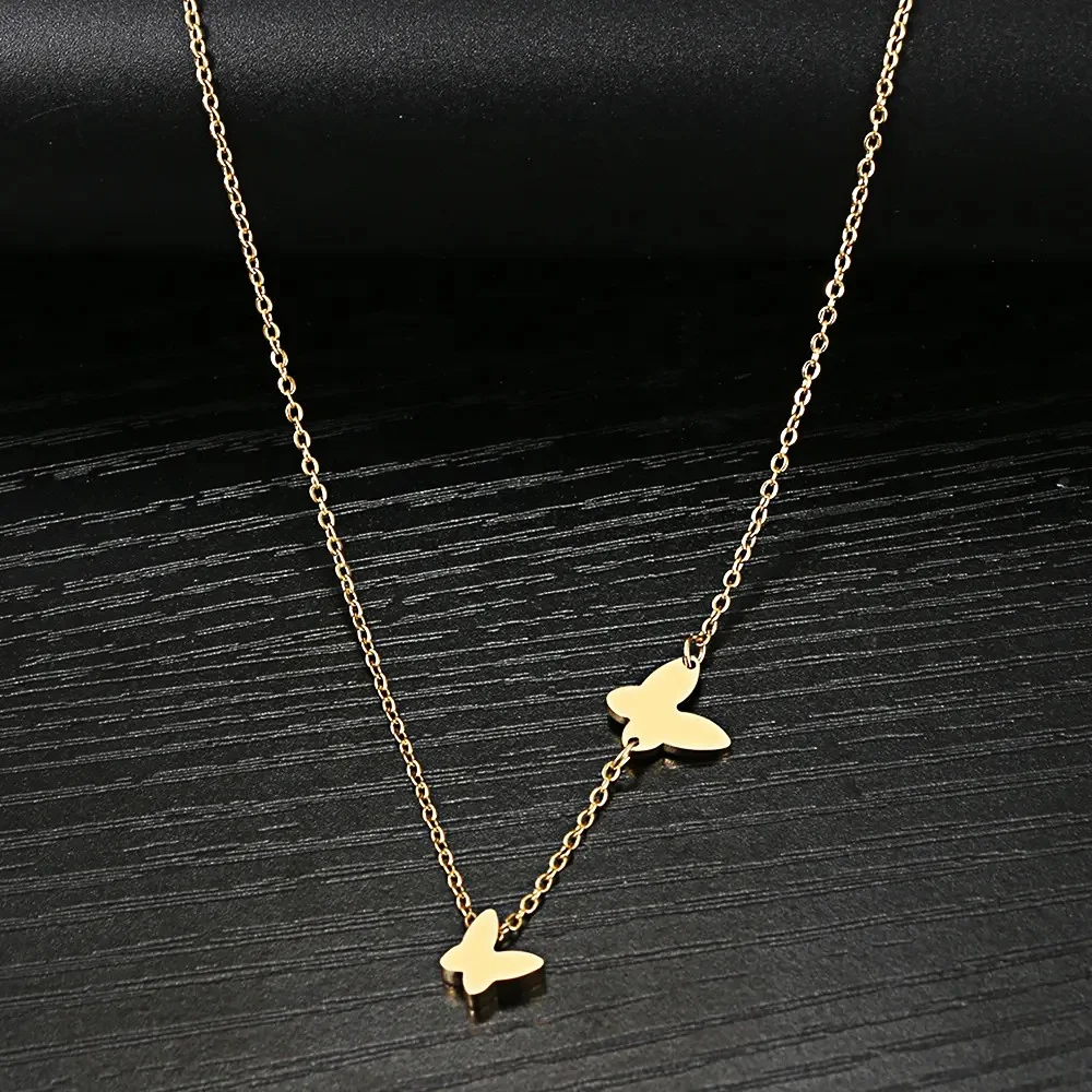Hot Statement Gold Choker Stainless Steel Double Heart Butterfly Pendant Necklace for Women Non Tarnish Steel Butterfly Necklace