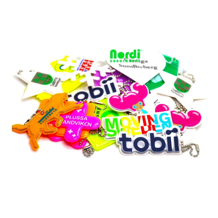 OEM custom safety shape reflective pvc keychain key tag with metal ball chain