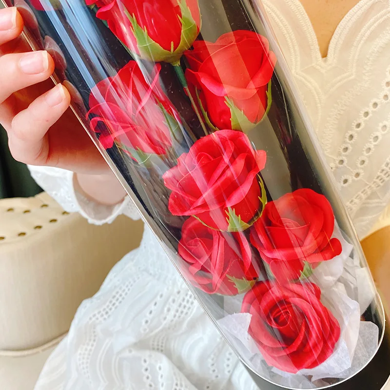 decorative artificial flowers Soap rose flower box bouquet rose round tube gift boxes set with flowers and cable light