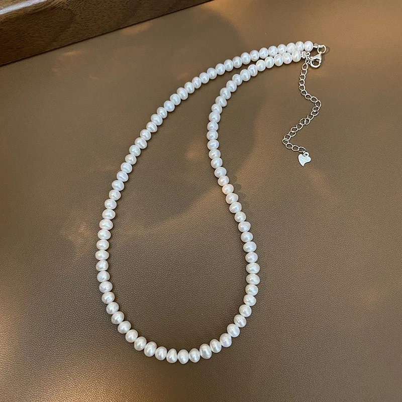 High Quality 4-5mm Natural Freshwater White Round Pearl Necklace With Silver chain Pearl Beaded Choker