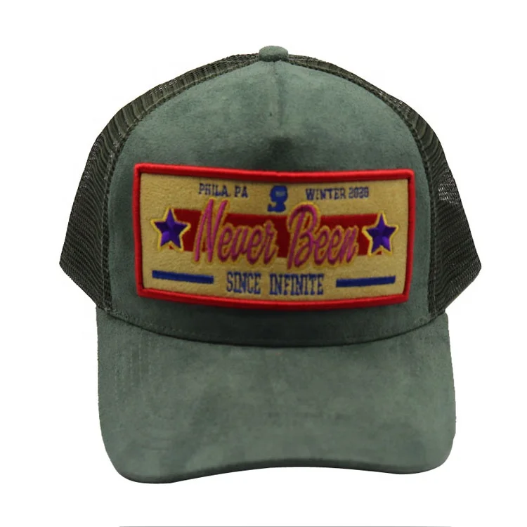 Curved brim snapback closure mesh 5 panel oliver green embroidery patch custom trucker hat suede
