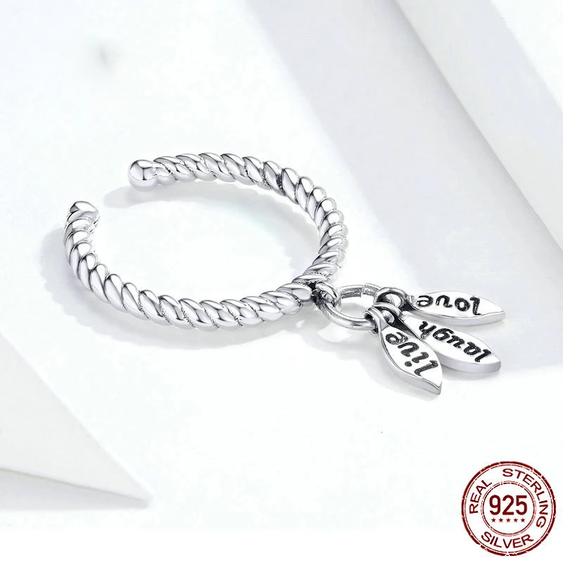  925 sterling silver jewelry twisted leaves letter love life charm open rings