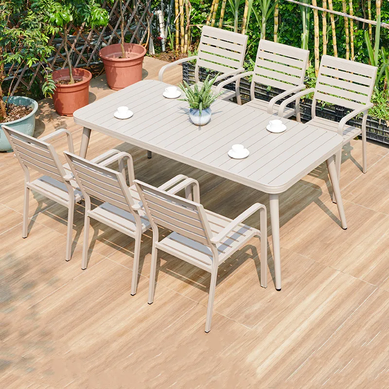 UPTOP Outdoor Home Furniture Cheap Aluminum Frame Dining Chair Patio Furniture Rectangular Plastic Wood Dining Table Set