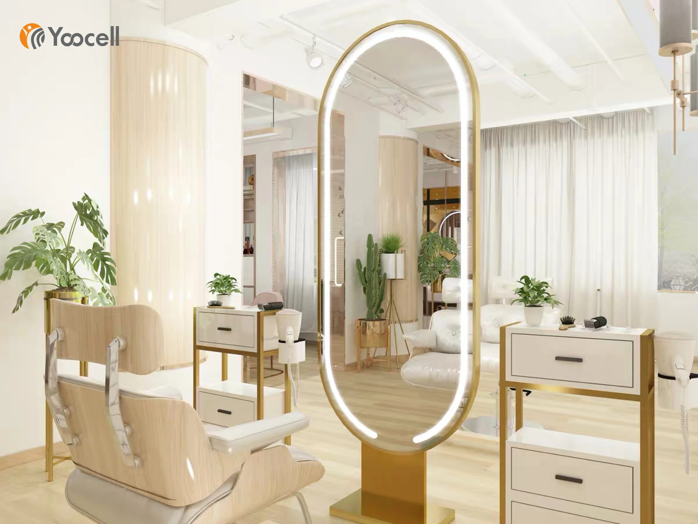 Yoocell modern salon styling mirror led light gold frame oval luxury styling station for beauty shop