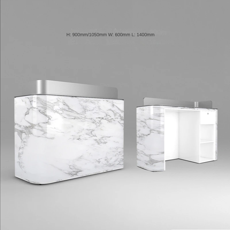 Paint Salon Beauty Reception Counter Laminate Silver Curved Luxury 1 Piece Reception Desk Wood Office Furniture Mini Marble
